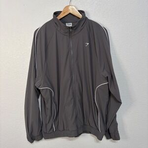 Gymshark Mens XL Track Jacket Gray White Piping Full Zip Athletic Windbreaker
